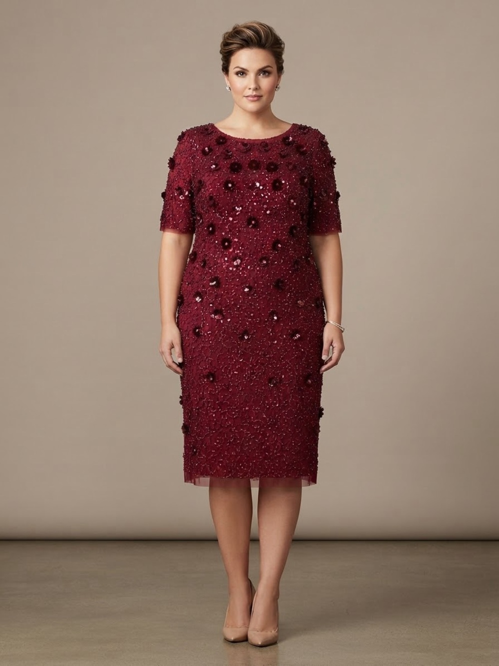 Adrianna Papell Plus Size Floral Sequin Elbow-Sleeve Sheath Dress 14W NWT